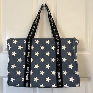 ⭐ Judy Blue Stars Canvas Tote Bag Blue White Star Print Zip Top‎ Pocket Tote